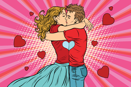 caricatura de una pareja besándose. Muestra que los corazones están conectados.