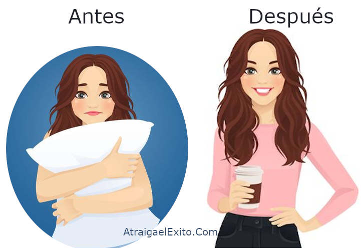 LA imagen es una caricatura de una chica triste que tapa su cuerpo con una almohada y después está la misma chica feliz y contenta, en bienestar.